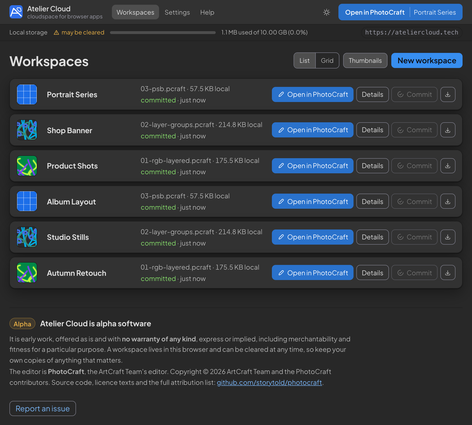 The Atelier Cloud workspace list, with six projects showing their document, state and actions.